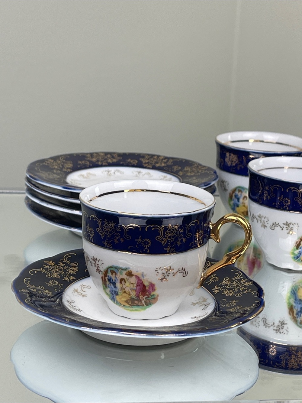Czech Republic Cobalt Blue & Gold Demitasse Espresso Cups & Saucers Set of 6